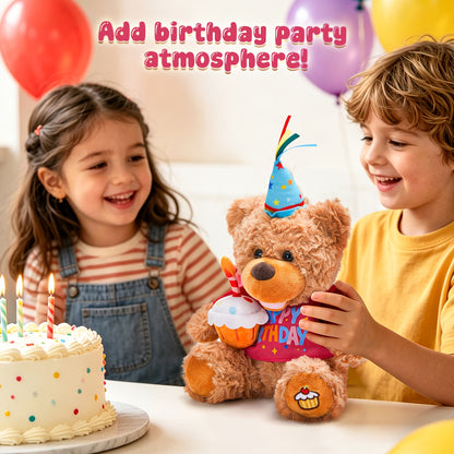 13.5-Inch Birthday Teddy Bear Interactive Plush Toy (Without Batteries), Electric Singing Music Plush with Cupcake, Glowing Candle Teddy Bear Gift for Kids Girls Boys Birthday Holiday Baby Shower, Perfect Present for Children, Super Soft