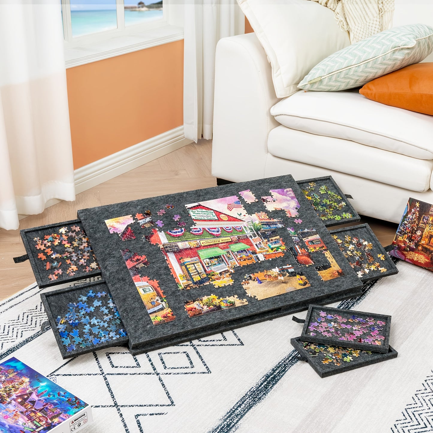Foldable Puzzle Board Felt Mat, Suitable for Up to 1000pcs, Comes with 6 Drawers