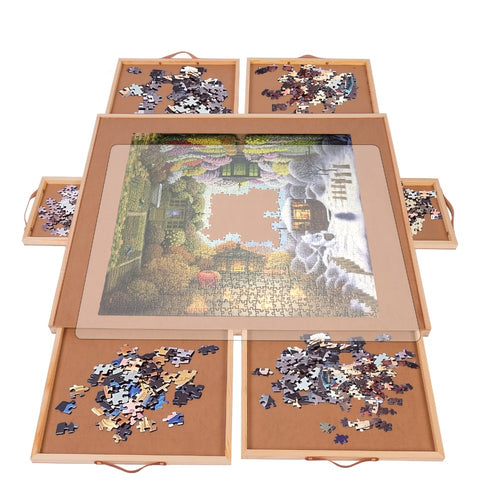 Wooden Jigsaw Puzzle Board for 1500 Pieces – Rotating Turntable Table with Sorting Drawers & Dust Cover | Premium Puzzle Organizer for Adults, Seniors & Families | Large Work Surface, Game Room Gift