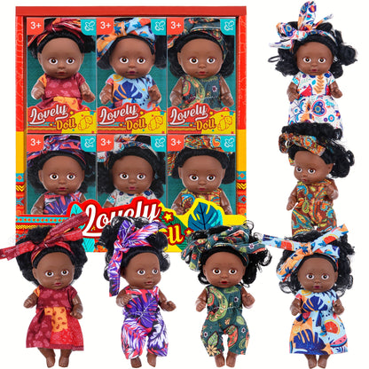 6pcs Mini Curly Hair Black Baby Doll Set With Gift Box Package-4.5 Inch Cute Flower Printed Clothes Wearing Youngsters Dolls Perfect For Kids Birthday, Holiday Gift(The Doll'S Clothing Features Random Patterns)