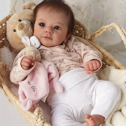 Pink Reborn Baby Doll 16 Inch Hand-Rooted Brown Hair Cloth Body Vinyl Limbs Hand-Painted Skin – Lifelike Newborn Girl Angie with Pacifier Feeding Container Birth Certificate, Gift for Kids Ages 3+