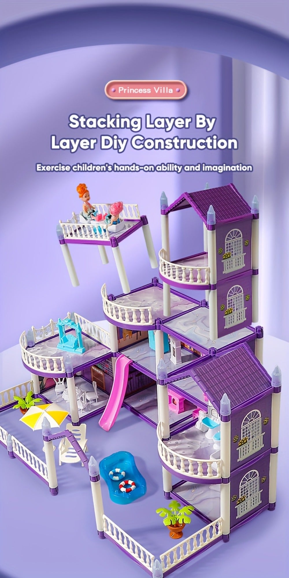LED Dollhouse Playset for Girls – Purple Multi-Room Playhouse with Doll Figures, Puppies, Furniture & LED Lighting, 6 to 16 Room Options, Creative Imaginative Gift for Girls Ages 3-10 Birthday Christmas