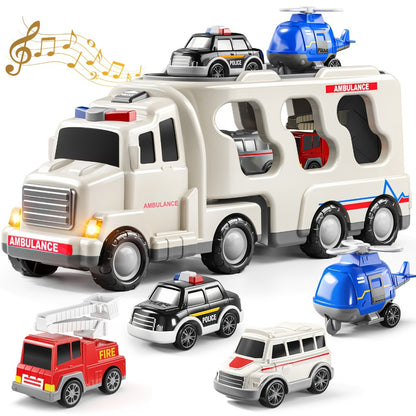 Ambulance Carrier Truck Toy 5-in-1 with Light and Sound for Kids 3-8, Friction Powered Rescue Vehicle Set with Fire Truck Police Car Helicopter Mini Cars, Birthday Christmas Gift for Boys Girls