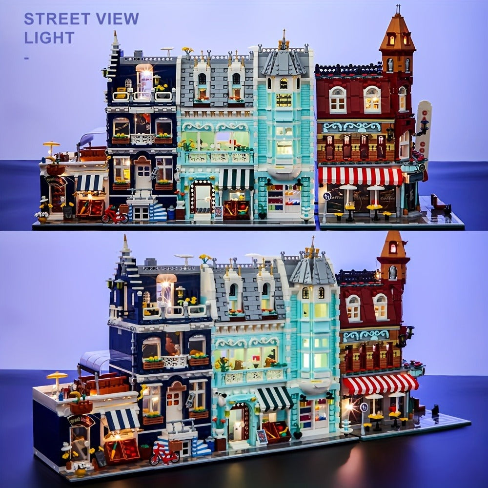 Modular City Street Building Blocks Set – European Architecture Scene with Grocery Store & Market Street, 3-Level Mini Brick Model, Creative Assembly Toy for Adults & Teens, Home Decor Display