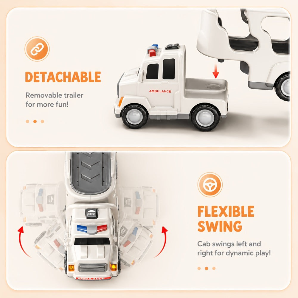 Ambulance Carrier Truck Toy 5-in-1 with Light and Sound for Kids 3-8, Friction Powered Rescue Vehicle Set with Fire Truck Police Car Helicopter Mini Cars, Birthday Christmas Gift for Boys Girls