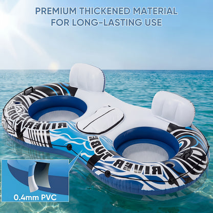 Heavy Duty Double Inflatable Pool Float Bed with Detachable Refrigerator, Suitable for Swimming Pools Rivers, Adult Float River Drifting Boat Lounge Chair with 2 Cup Holders