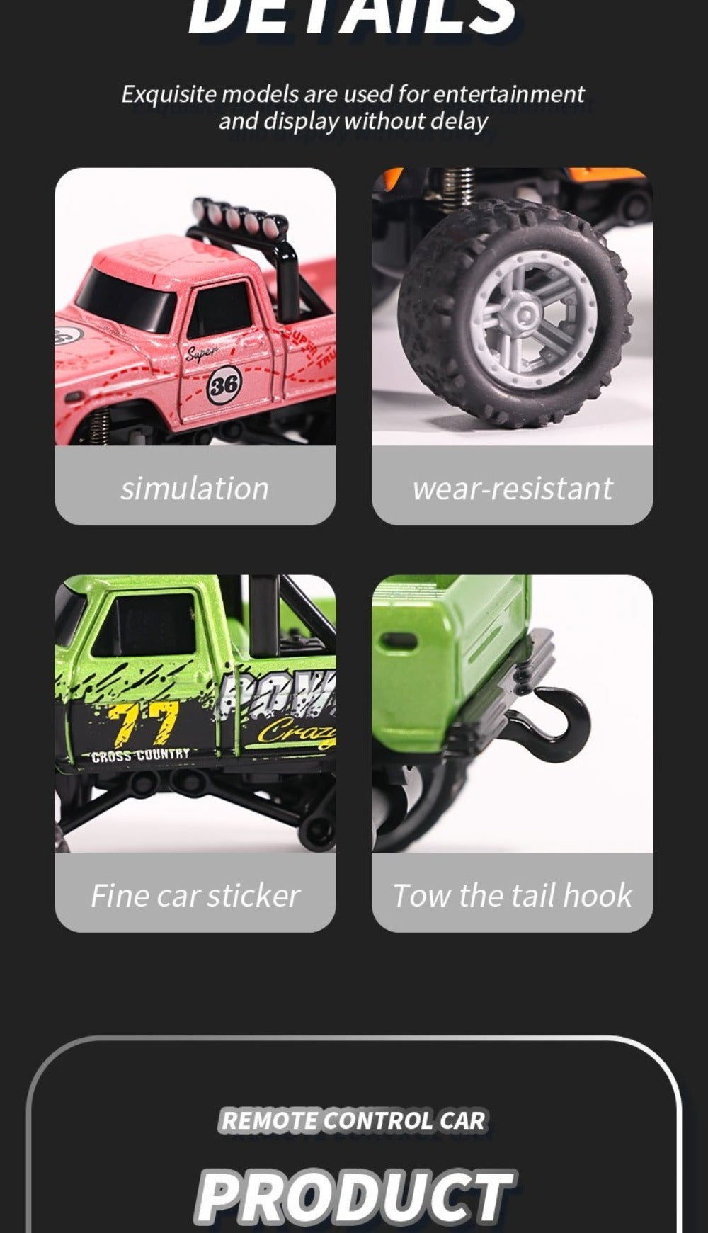 Mini RC Truck 1:64 Scale with Trailer – 2.4GHz Alloy Remote Control Monster Off-Road Pickup, Body Lights & Headlights, Rock Crawler Toy for Boys, Birthday Christmas Gift (Green/Gray/Blue)