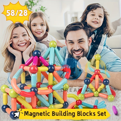 58/28-Piece Creative Magnetic Building Sticks Set, Can Build Various 3D Structures, Stimulate Children's Imagination, Creativity And STEM Skills, Suitable for Family, Classroom And Group Play.