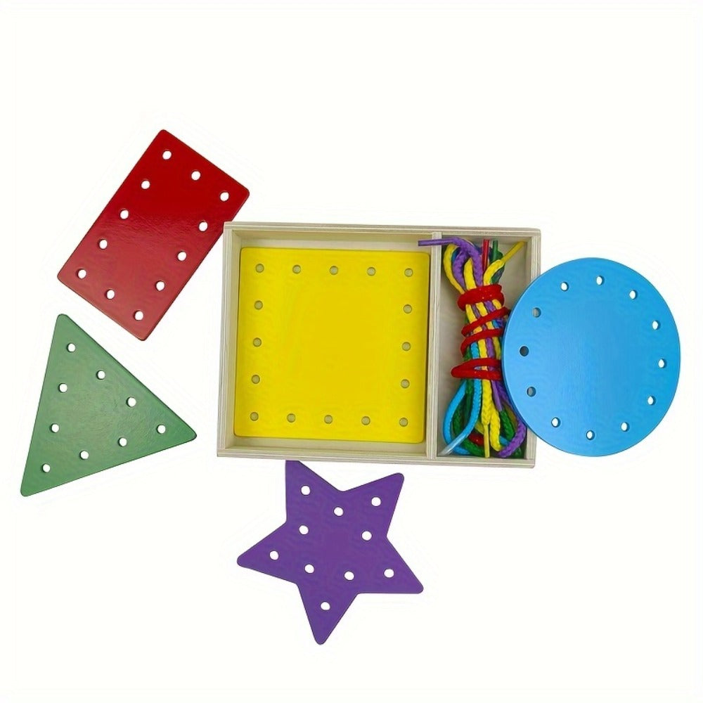 Montessori Wooden Lacing Cards for Toddlers – 5-Piece Double-Sided Threading Shapes in a Box, Fine Motor Skills Activity Toy for Preschool Kids, Travel Learning Toy & Educational Gift for Boys & Girls