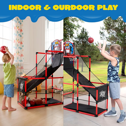 Arcade Basketball Game Set with 4 Balls And Hoop for Kids 3+ Years Old Indoor Outdoor Sport Play - Easy Set Up - Air Pump Included - Ideal for Competition
