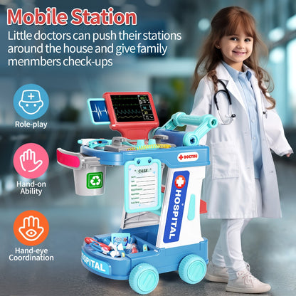 Kids Doctor Kit Medical Cart Set – Movable Toy Trolley with Stethoscope, Thermometer & Medical Accessories, Doctor Nurse Role Play Toy, Birthday Gift for Boys & Girls Ages 3+