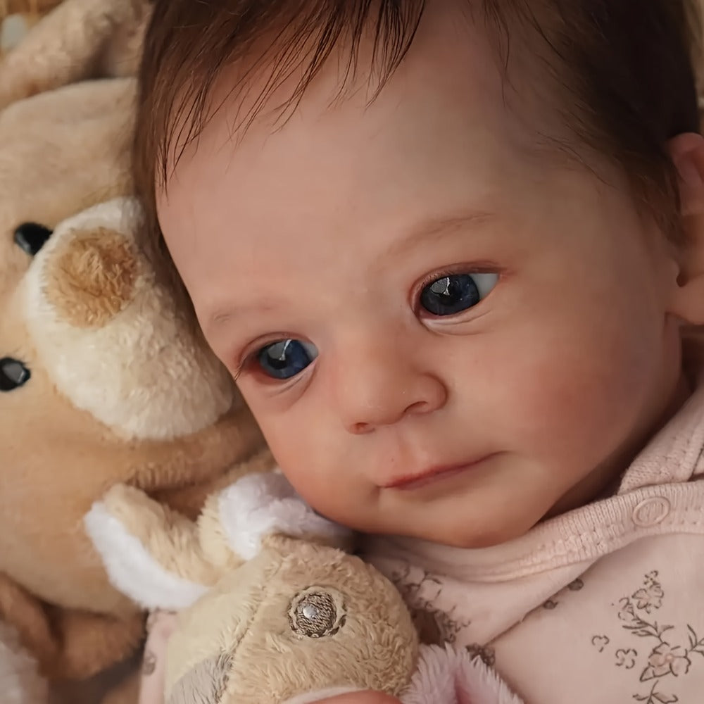 Pink Reborn Baby Doll 16 Inch Hand-Rooted Brown Hair Cloth Body Vinyl Limbs Hand-Painted Skin – Lifelike Newborn Girl Angie with Pacifier Feeding Container Birth Certificate, Gift for Kids Ages 3+