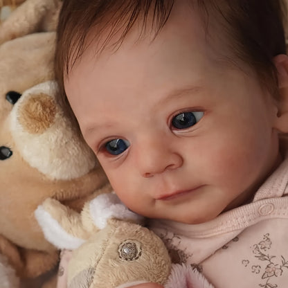 Pink Reborn Baby Doll 16 Inch Hand-Rooted Brown Hair Cloth Body Vinyl Limbs Hand-Painted Skin – Lifelike Newborn Girl Angie with Pacifier Feeding Container Birth Certificate, Gift for Kids Ages 3+