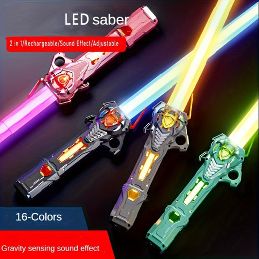 RGB Light Up Saber with USB Cabel Rechargeable Light Sword 16 Colors RGB Laser Sword with Gravity Sensor Sound Effect Flashing Saber 2in 1 Flashing Stick Space Sword Light Up