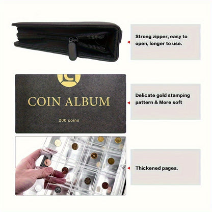 Coin Collection Book with Zipper & Handle 200/320 Pockets – 10/20 Page Coin Storage Album for Currency & Commemorative Coins, Fits 20/25/27/30mm Coins, Black & Blue