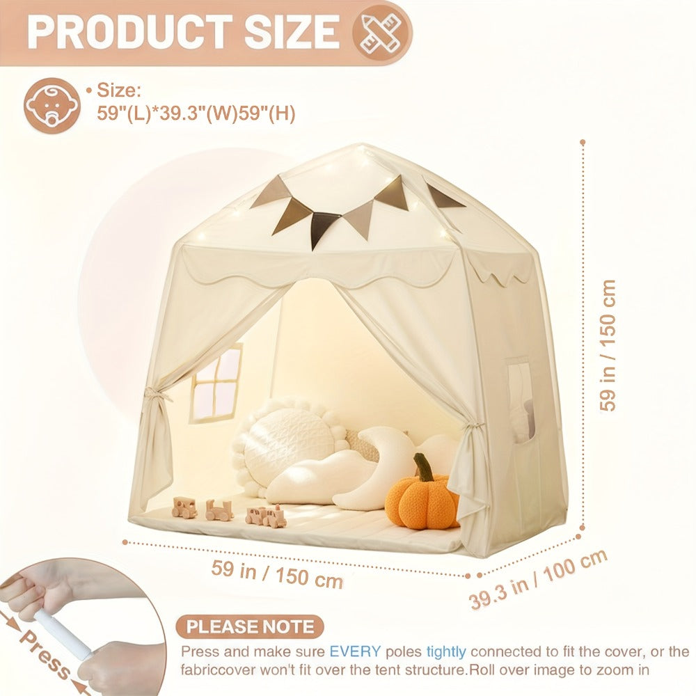 Kids Play Tent Extra Large – Portable Foldable Teepee Indoor Outdoor Dome Playhouse with Flags, Bed Canopy for Boys Girls, Available in Beige Pink Green Brown Cream, 51–59 Inch