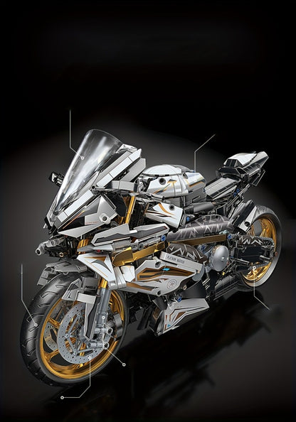 Motorcycle Building Blocks Model Kit 1:5 Scale 2000+ Pieces – Platinum Gold & White Collectible Brick Motorbike Display Set, Unique Gift for Men Adults Collectors Birthday Christmas (Premium Edition)