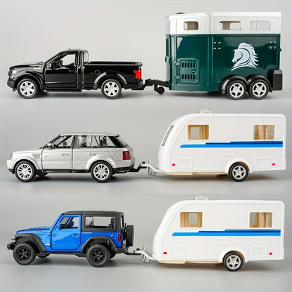 RMZCity 1:36 Scale Zinc Alloy Pull Back Car with Horse Trailer & Horse Vehicle – Openable Doors Diecast Toy Set for Kids & Adults, Birthday Christmas Gift (4 Models)