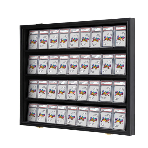 Sports Card Display Case 36 Slots Lockable Wall Frame – UV Protection Acrylic | Baseball Basketball Football Hockey Trading Cards | Black Cabinet Collector Gift