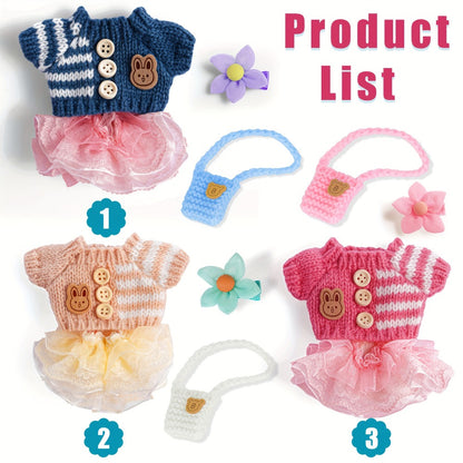 Labubu Doll Clothes 3 Sets Knit Tops Bubble Tulle Skirts Floral Hair Clips Bags for 17cm Plush Dolls Fashion Outfit Gift for Girls Kids Ages 3+ Birthday Christmas