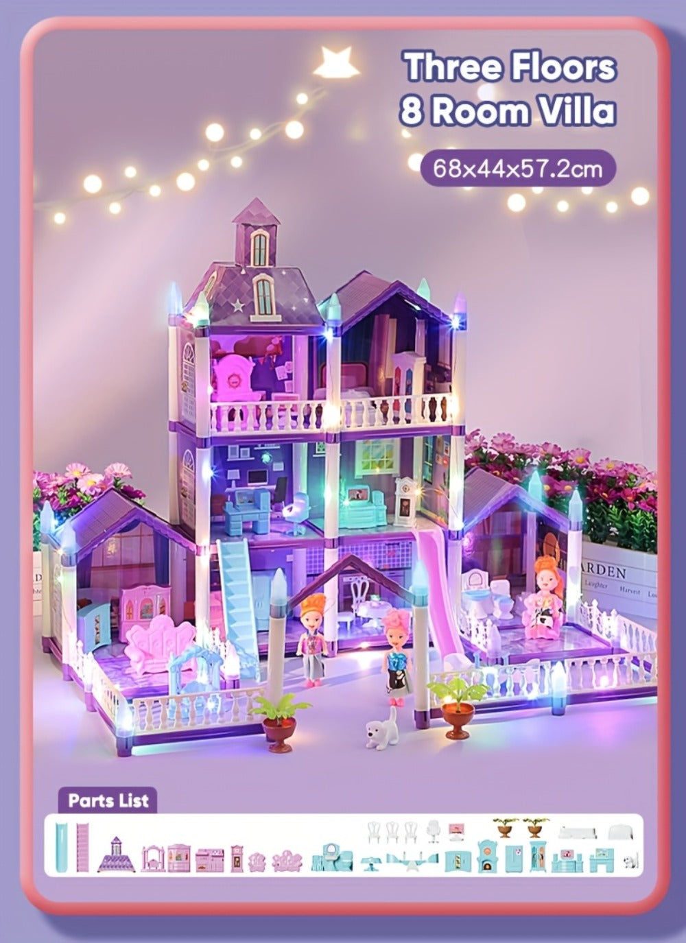 LED Dollhouse Playset for Girls – Purple Multi-Room Playhouse with Doll Figures, Puppies, Furniture & LED Lighting, 6 to 16 Room Options, Creative Imaginative Gift for Girls Ages 3-10 Birthday Christmas