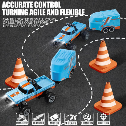 Small Die-Cast Remote-Controlled Vehicle, 1/64 Scale Mini RC Off-Road Truck with a Trailer, 2.4Ghz Climbing Vehicle, Rechargeable Die-Cast Mini RC Car with Lights, Adjustable Speed And Steering, Pocket-Sized Toy, Palm-Sized Toy
