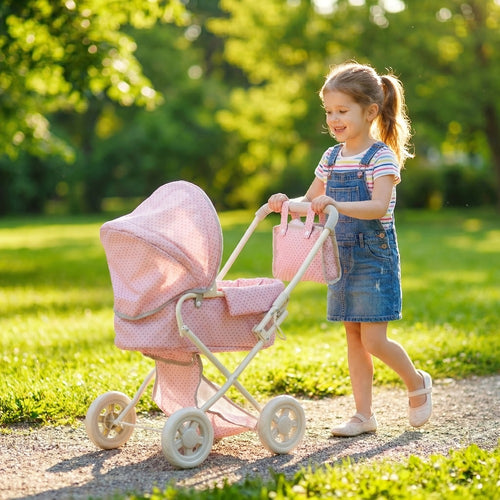 3-in-1 Baby Doll Stroller Set Pink – Foldable Pram with Removable Bassinet & Carry Bag for 14-24 Inch Dolls, Swivel Wheels Adjustable Handle, Role Play Nursery Gift for Girls Ages 3-12