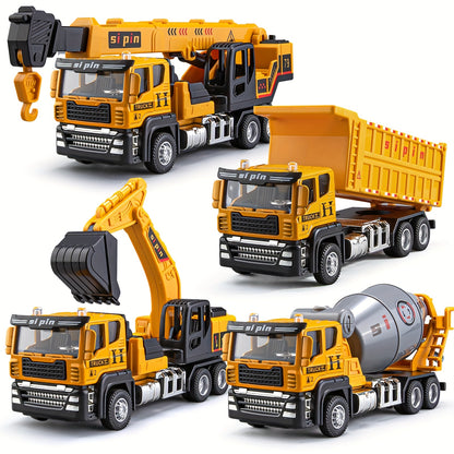 Alloy Construction Vehicles Set, Mini Size 5.8" Inertia Engineering Vehicles, Excavator Dump Truck Cement Mixer Crane, No Battery Needed, Ideal Gift for Christmas Halloween School Season