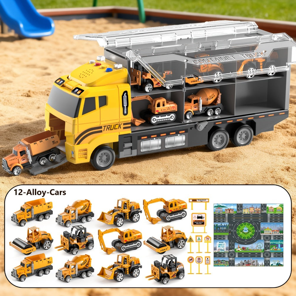 13-in-1 Construction Truck Vehicle Toy Set with Die-Cast Cars & Play Mat – Transport Carrier Truck Playset for Toddlers Kids Ages 3+, STEM Learning, Christmas & Birthday Gift