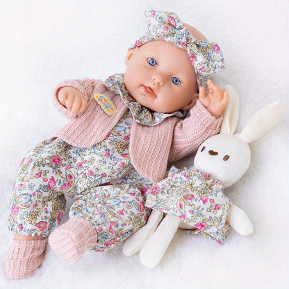 12 Inch Realistic Vinyl Doll Set, Including 1 Doll, 1 Set Of Floral Clothes, 1 Headscarf, 1 Pair Of Socks, 1 Toy Rabbit, And 1 Rabbit Skirt, Children's Toys, Suitable for Dress Up Games, Birthday Gifts, Game Gifts, Holiday Gifts, Realistic Reborn