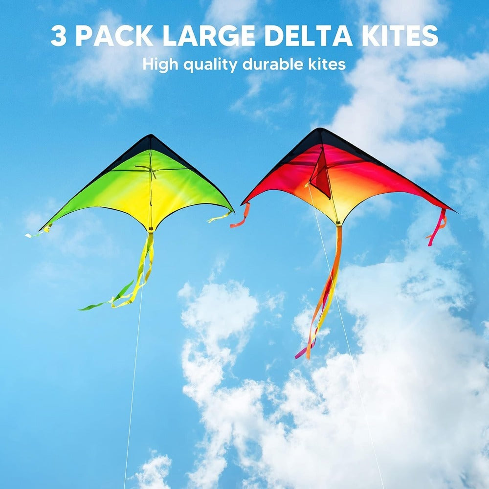 Delta Kite 3 Pack for Kids & Adults – Large Gradient Easy-to-Fly Kites with 262.5 Ft String, 58-Inch Wingspan, Stable in Light Wind, Outdoor Beach & Park Gift for Boys and Girls