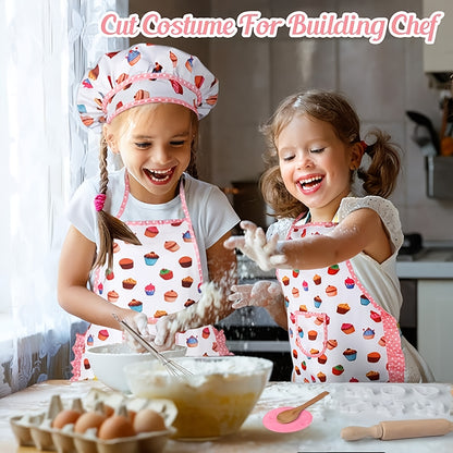 Cute Kids Cooking And Baking Sets, 24pcs Kids Aprons for Girls Kids Chef Hat Apron Dress Up Chef Costume, Little Girl Apron Sets Pretend Gifts for 3 4 5 6 7 8 Years Old Girls