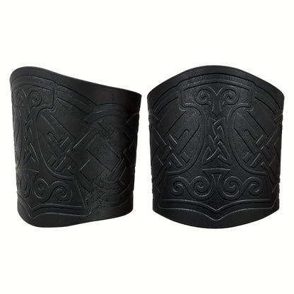 Viking Leather Cuff Bracelet Set 2pcs Norse Mythology Mjolnir Vegvisir Embossed Wristband for Men Women Halloween Gift