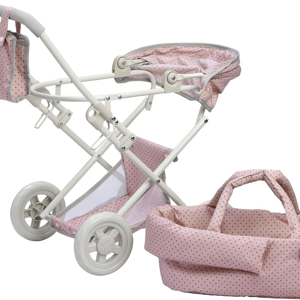 3-in-1 Baby Doll Stroller Set Pink – Foldable Pram with Removable Bassinet & Carry Bag for 14-24 Inch Dolls, Swivel Wheels Adjustable Handle, Role Play Nursery Gift for Girls Ages 3-12