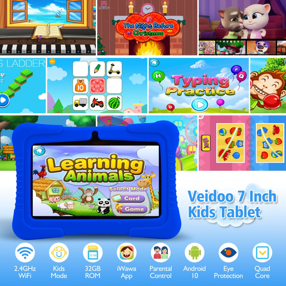 Veidoo Kids Tablet, 7 Inch Android Tablet PC, 2GB RAM 32GB ROM, Safety Eye Protection Screen, Wifi, Dual Camera, Games, Parental Control APP, Tablet with Silicone Case