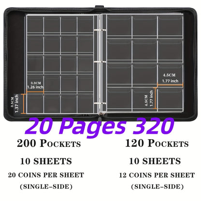 Zipper And Handle 200/320 Pocket Coin Collection Book -with 10/20 Pages A Black Storage Book Suitable for Displaying And Organizing Currency And Commemorative Coins, Coin Storage Book, Suitable for 20/25/27/30mm Coins