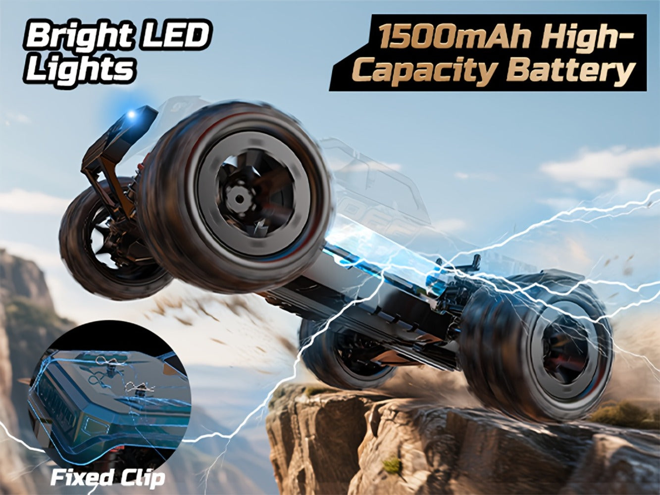 DEERC 1/16 All-Metal 42KM/H RC Truck 4WD Off-Road Monster Truck with Dual 1500mAh Batteries, LED Headlights & Wheelie Bar – High Speed Remote Control Car for Adults & Hobbyists (Black)