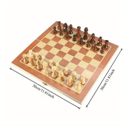 Handmade Wooden Folding Chess Set, Portable 12" Chessboard (30x30cm) with Game Pieces.