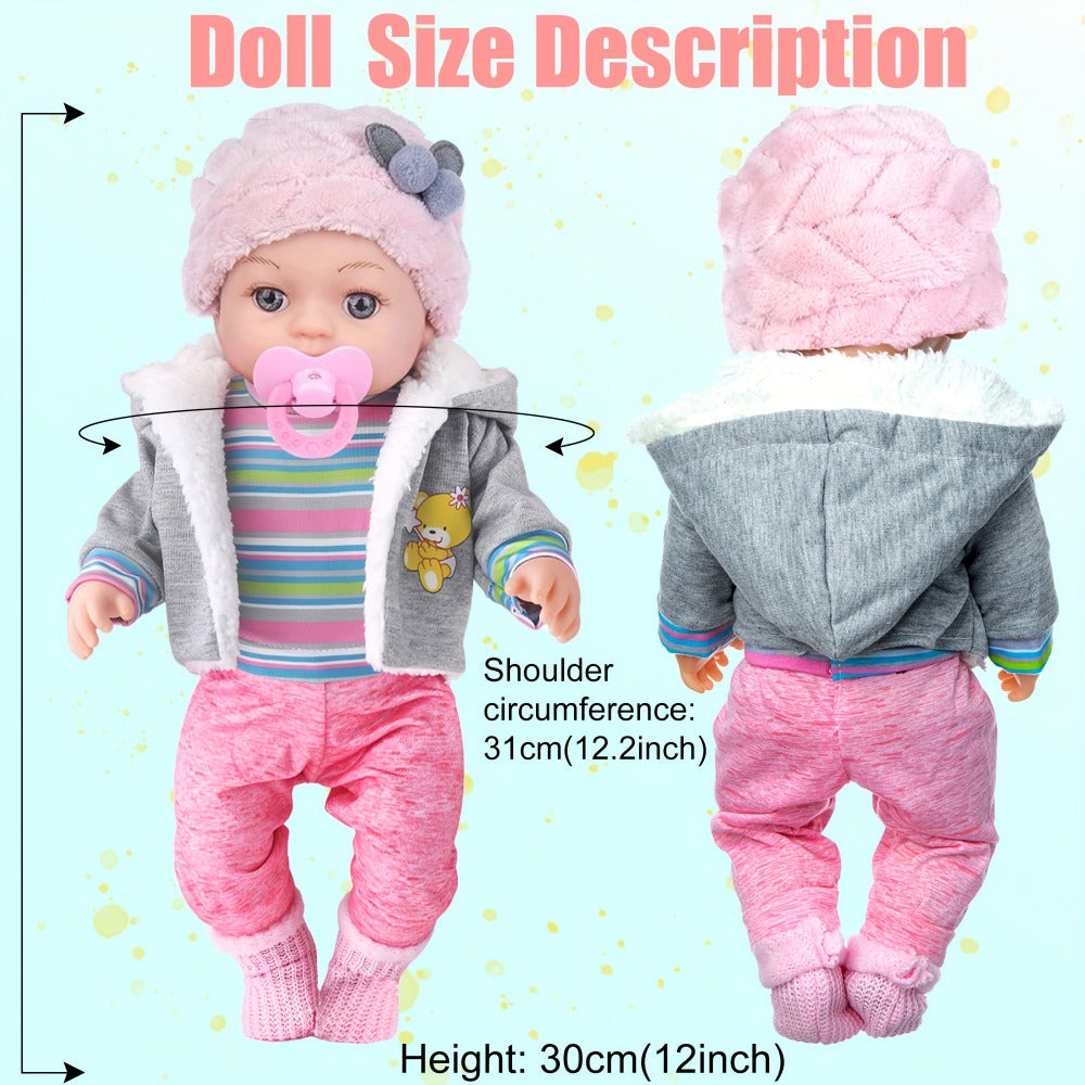 Winter Outfit Baby Doll Set 12 Inch Plush Coat Movable Limbs Clothes Socks Pacifier Bottle Utensils Nurturing Play Gift for Girls Kids Ages 3+ Birthday Christmas Holiday