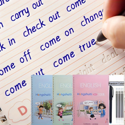 Reusable Handwriting Practice Books for Kids Ages 3-8 – 4 Books + Pen + 10 Refills + Holder, Wipe Clean Calligraphy Writing Workbook Set, English Letter Tracing for Preschool Kindergarten Boys Girls