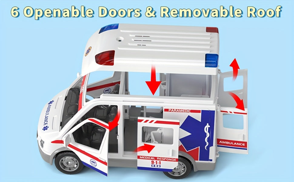 Kids' Emergency Vehicle Playset - Realistic White Ambulance with Flashing Lights & Sound, Friction-Powered, Ideal for Ages 3-8, Perfect Holiday or Birthday Gift, Playset for Youngsters|Playful Design|Durable Playset, Emergency Vehicle Playset|Playful Desi