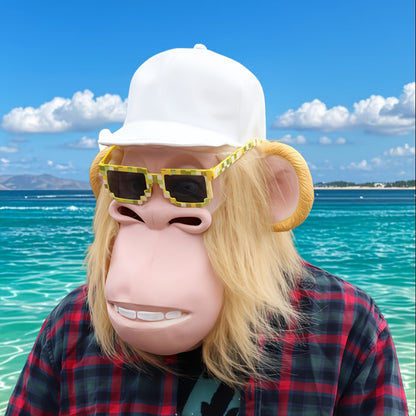 [Halloween] 1pc Funny Plush Monkey Mask - Cute Cartoon Animal Costume with White Hair, Fashion Glasses & Hat - Soft Latex Full Head Design for Halloween Parties, Role-Playing - One Size Fits Most Adults
