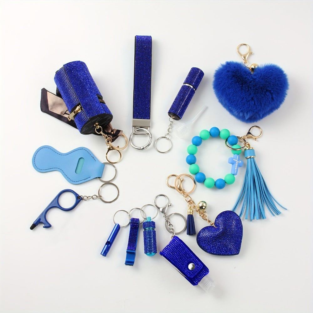 Women's Rhinestone Keychain Set 13-Piece – Safety Gadgets with Window Breaker Whistle Hand Sanitizer Holder Perfume Bottle Beaded Bracelet PU Tassel, Holiday Gift Box for Women
