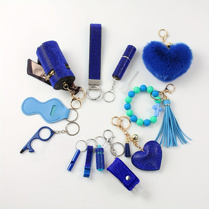 Women's Rhinestone Keychain Set 13-Piece – Safety Gadgets with Window Breaker Whistle Hand Sanitizer Holder Perfume Bottle Beaded Bracelet PU Tassel, Holiday Gift Box for Women