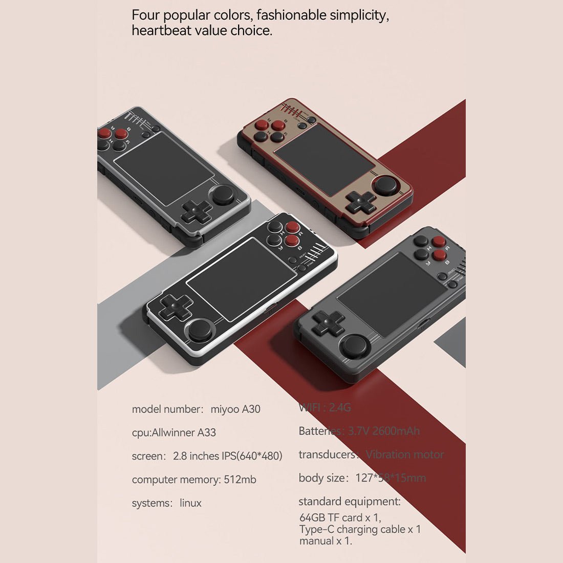 Handheld Game Console Miyoo A30 Retro Gaming Horizontal 2.8-inch IPS 26 Emulators Wi-Fi