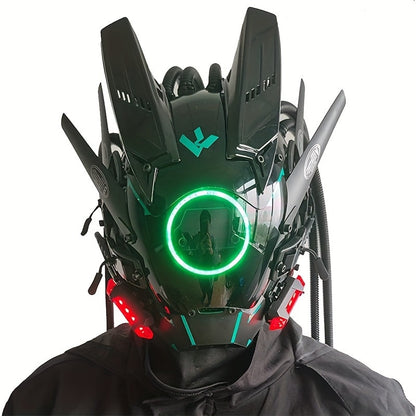 LED Punk Mask with Tubular Braids & Helmet – Futuristic Sci-Fi Mechanical Cosplay Mask for Halloween, Rave Music Festival & Party, Blue Green Pink, Handmade TPU PC Unisex Adult Costume Prop