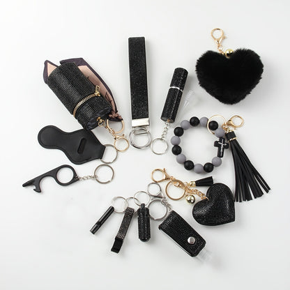 Rhinestone Keychain Set for Women 13-Piece – Safety Gadgets with Window Breaker Whistle Hand Sanitizer Holder Perfume Bottle Beaded Bracelet PU Tassel, Holiday Birthday Gift Box