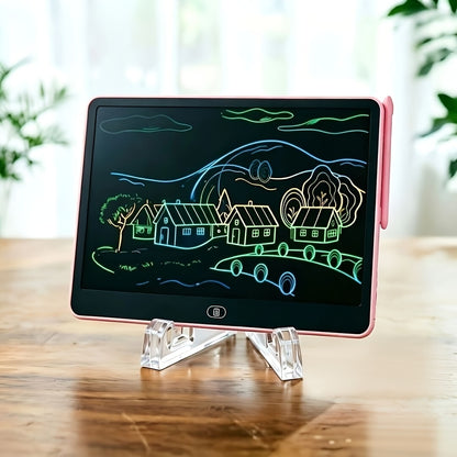 LCD Doodle Board 16 Inch with Stand – Flexible Screen Eye Protection, Portable Educational Drawing Toy for Kids & Adults, Home School Office Travel, White Pink Sky Blue