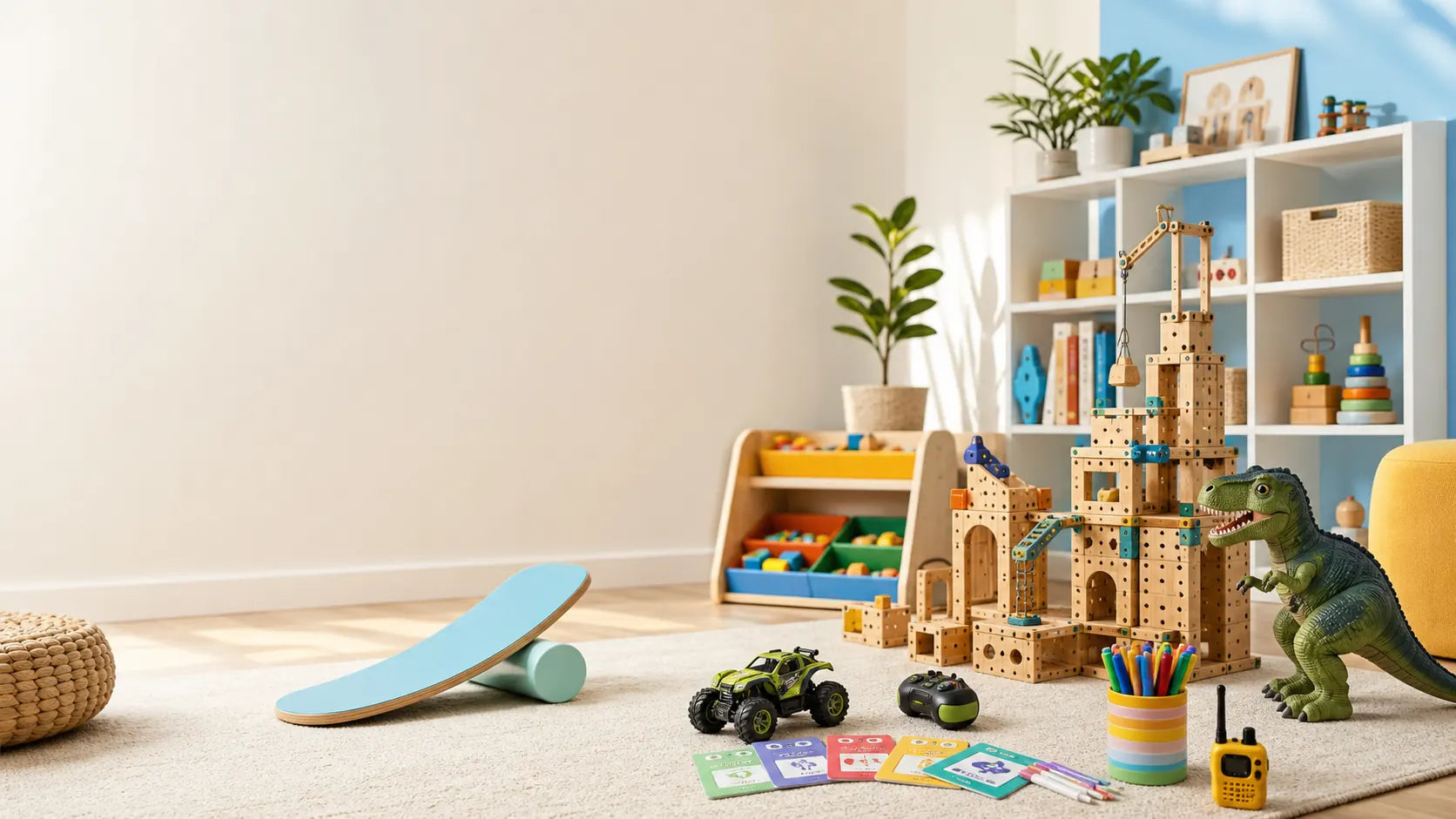 STEM, creative, outdoor and remote-control toys in a bright playroom